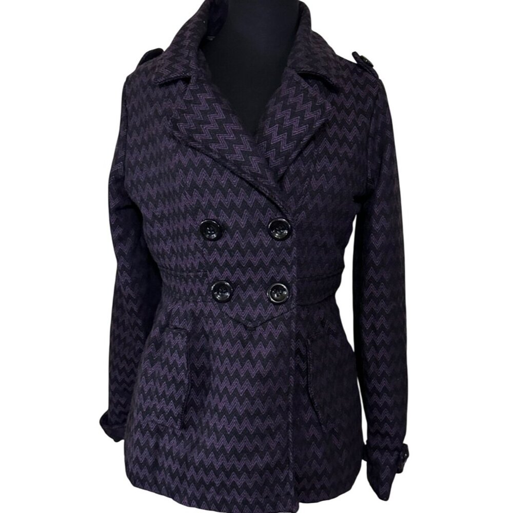Me Jane Black Purple Double-Breasted Peacoat Polyester Wool Blend Junior Size L